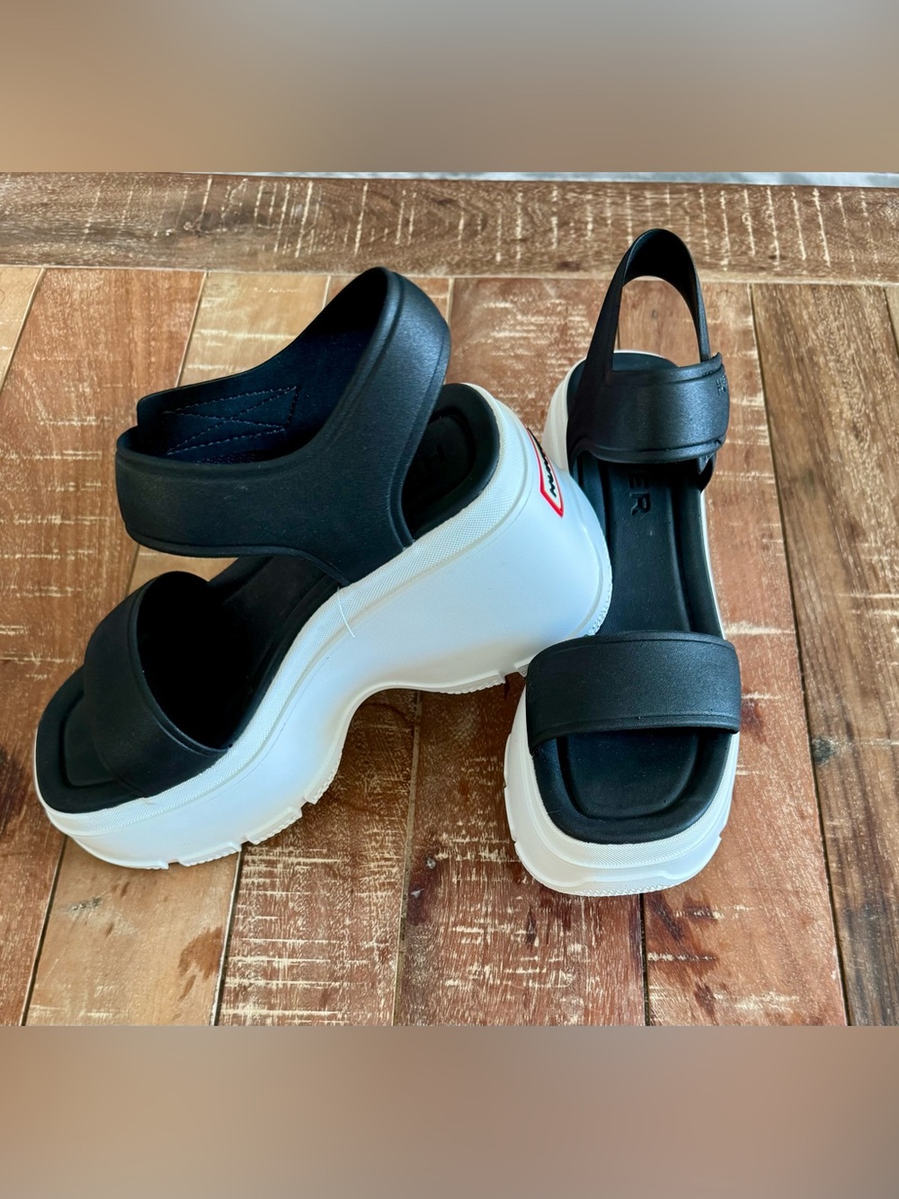 Hunter Platform Sandals Black White Chunky Slingback Size 8